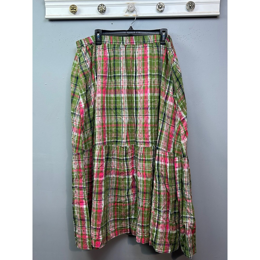 Crown & Ivy Skirt Womens XXL Green Pink Plaid Clip Dot Tiered Maxi Skirt Cottage